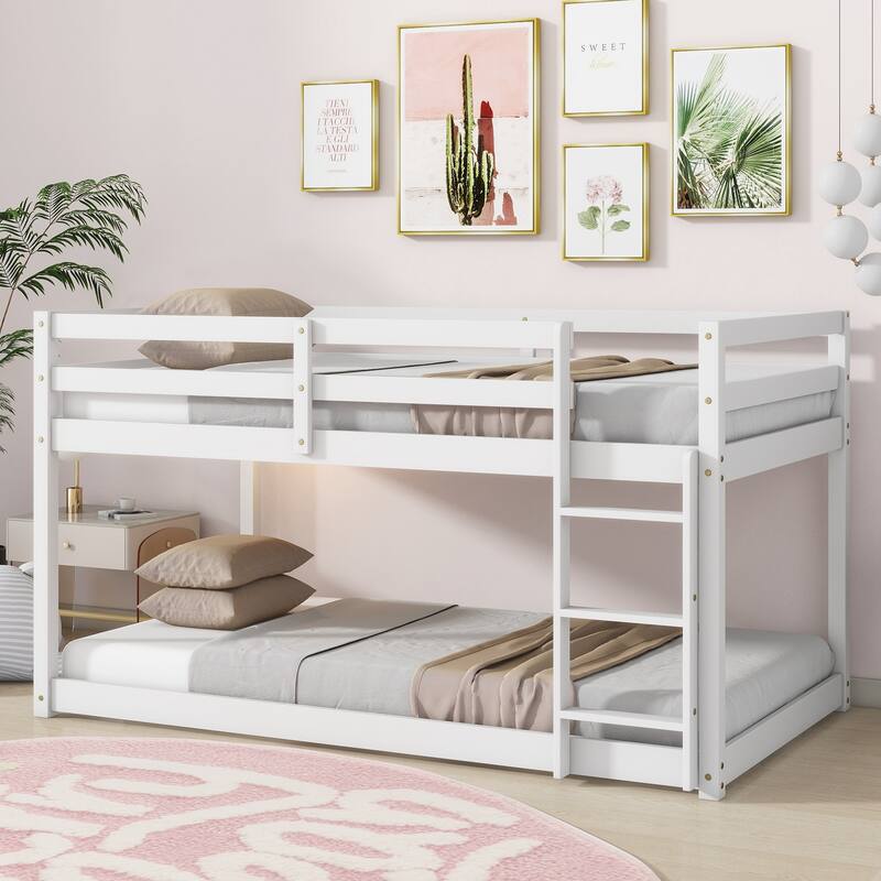 Wooden Twin over Twin Floor Bunk Bed with Ladder, with Bed Platform of Strengthened Slats - White