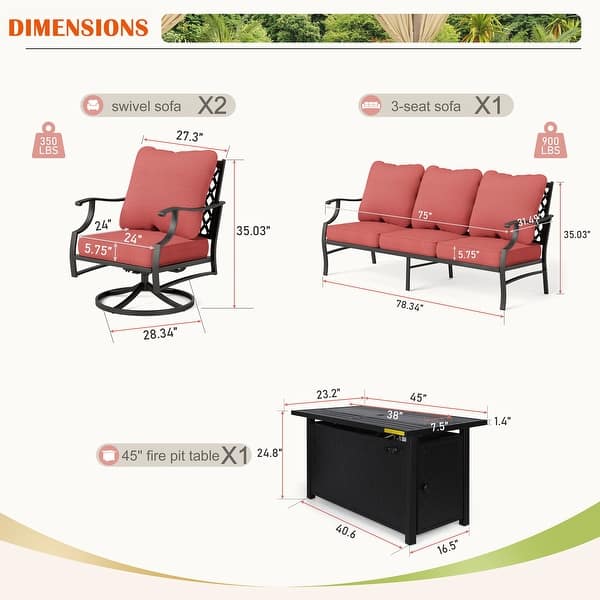 dimension image slide 16 of 19, MAISON ARTS Outdoor Sofa Set 4/6-Piece Patio Conversation Set with 45'' Gas Fire Pit Table