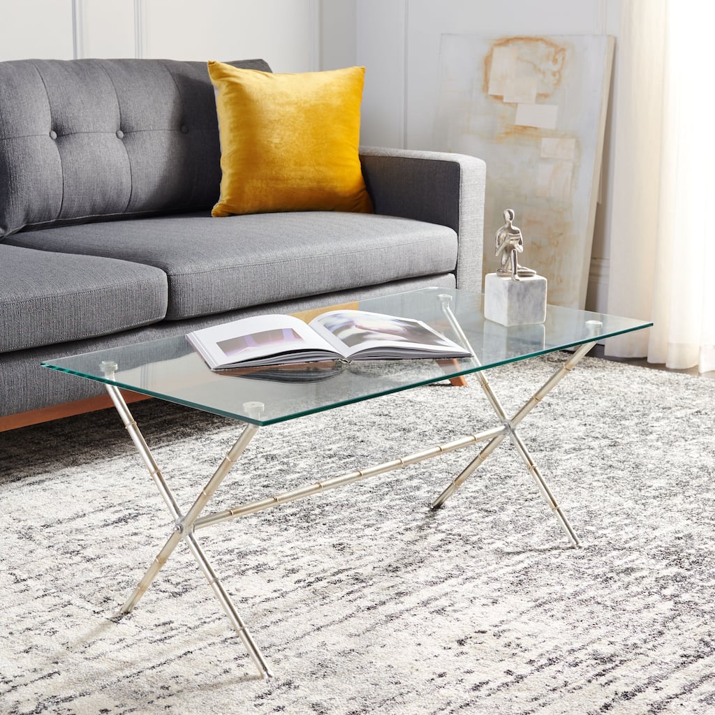 SAFAVIEH Treasures Jocelyn Bronze-Ish Silver/ Glass Top Accent Table - 37.4" x 19.7" x 17"