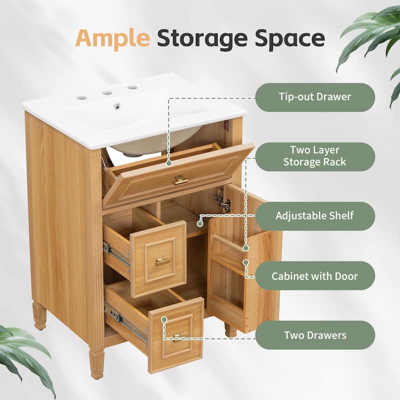 24 Inch Bathroom Vanity with Sink, Flip Drawer and Two Soft-Close Drawers