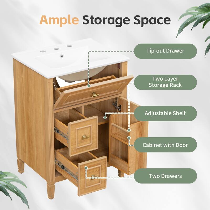 Roomfitters 24" Bathroom Vanity with Sink, Solid Wood Frame, Flip Drawer, 2 Side Drawers & Adjustable Shelf