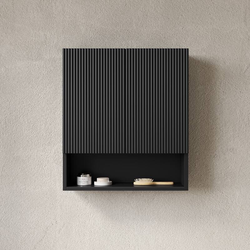 26" Wall-Mounted Striped Bathroom Cabinet, with Doors, Shelf and Open Storage Compartment Over The Toilet Storage Cabinet