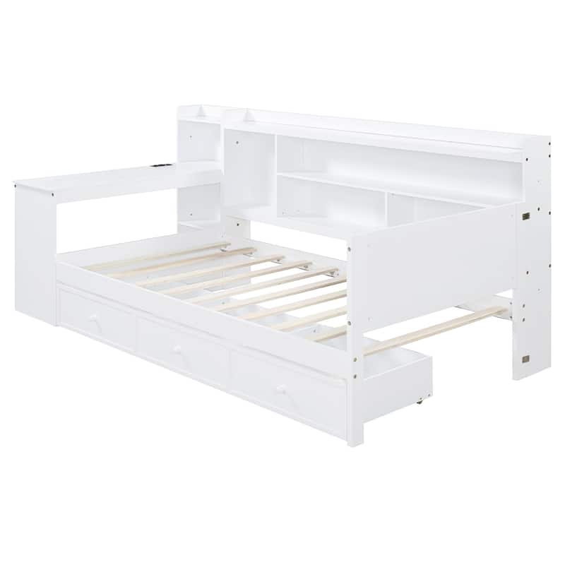 Full Size Wooden Daybed with Desk, USB Ports, 3 Storage Drawers & Side Storage