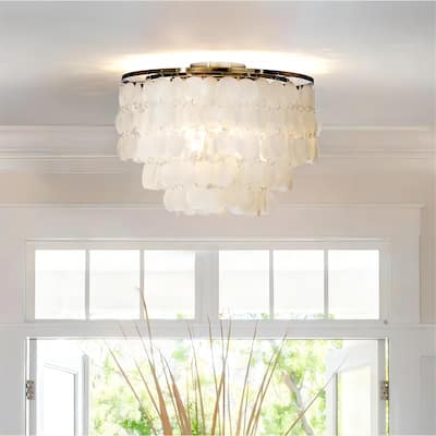 3-Light Tiered Antique Bronze Capiz Flush Mount Light with Shell Accents