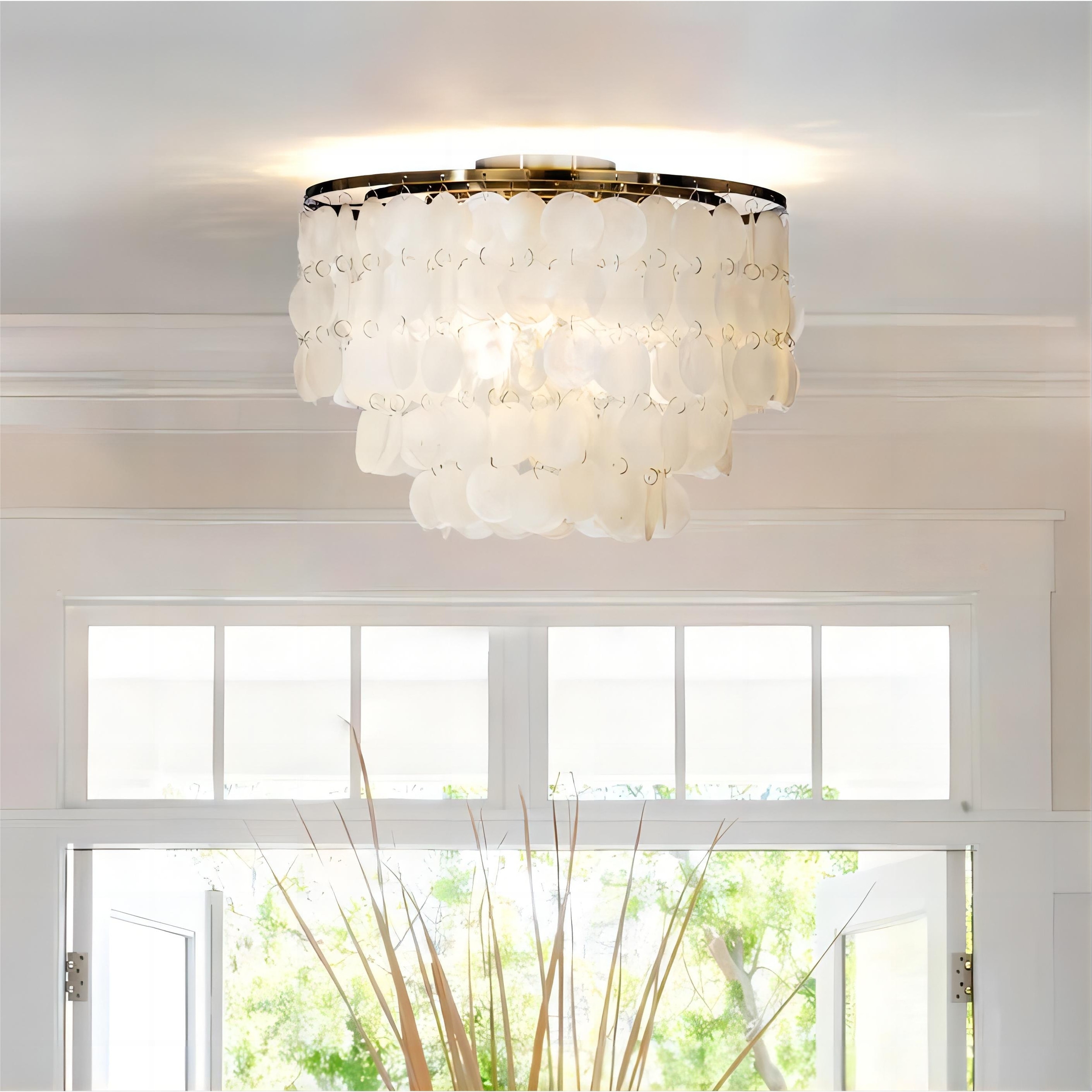 3-Light Tiered Antique Bronze Capiz Flush Mount Light with Shell Accents