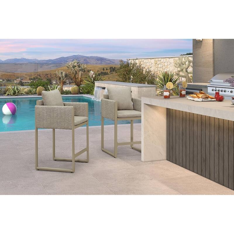 PURPLE LEAF Bar Stool Set of 2 Outdoor Rattan Bar Chair with Back Metal Bar Height Stool Wicker Barstool Dark Grey