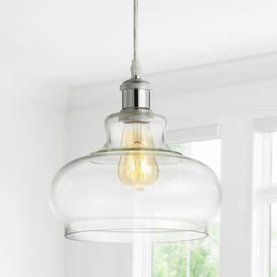 Lila 9.38" Adjustable Iron/Glass Pharmacy LED Pendant, Chrome by JONATHAN Y