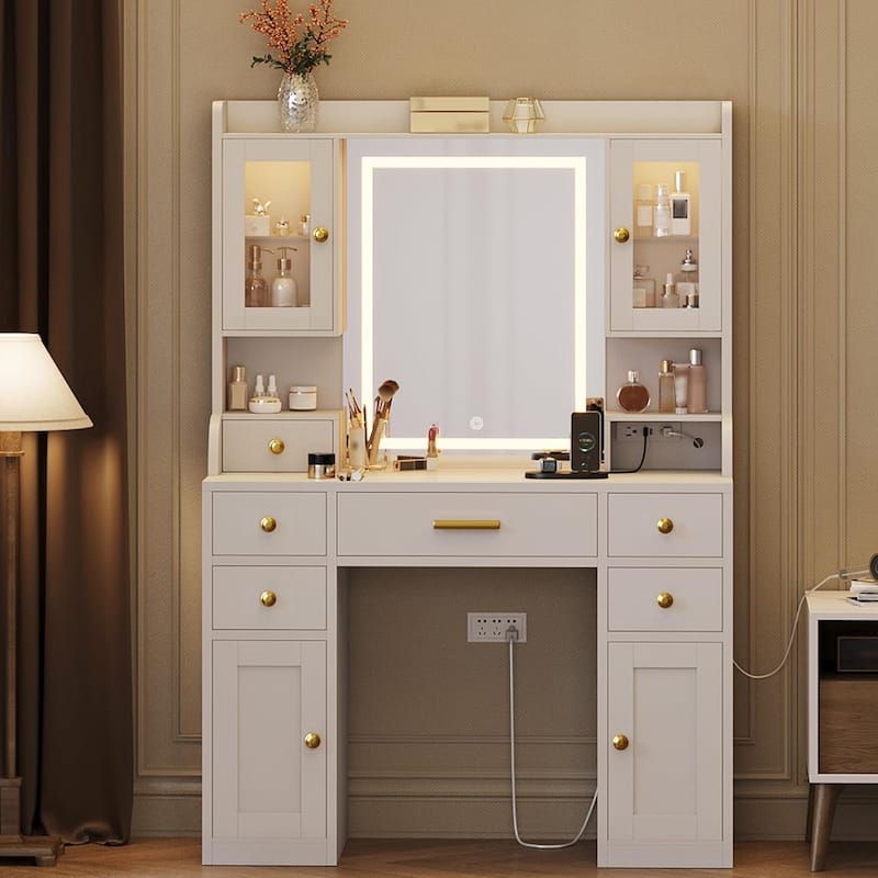 Makeup Vanity Desk with Mirror, LED Lights Dressing Table with Power Outlet