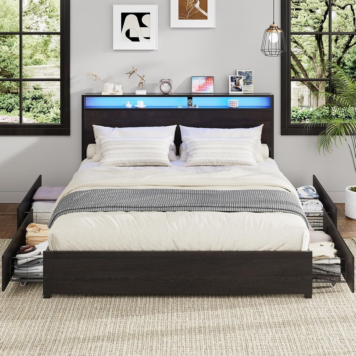King Size Bed Frame with Storage Drawers, LED Lighting, Charging Station, and Headboard