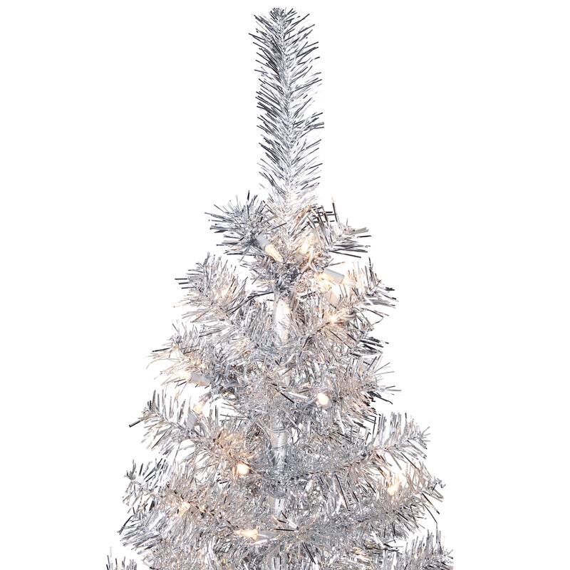Pre-Lit Artificial Tinsel Christmas Tree - 3' - Silver - Clear Lights - 3 Foot
