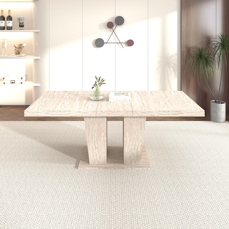 Extendable Dining Table Meeting Table, Wood Kitchen Table for 6-10, Large Office Table with Veined Travertine Pattern