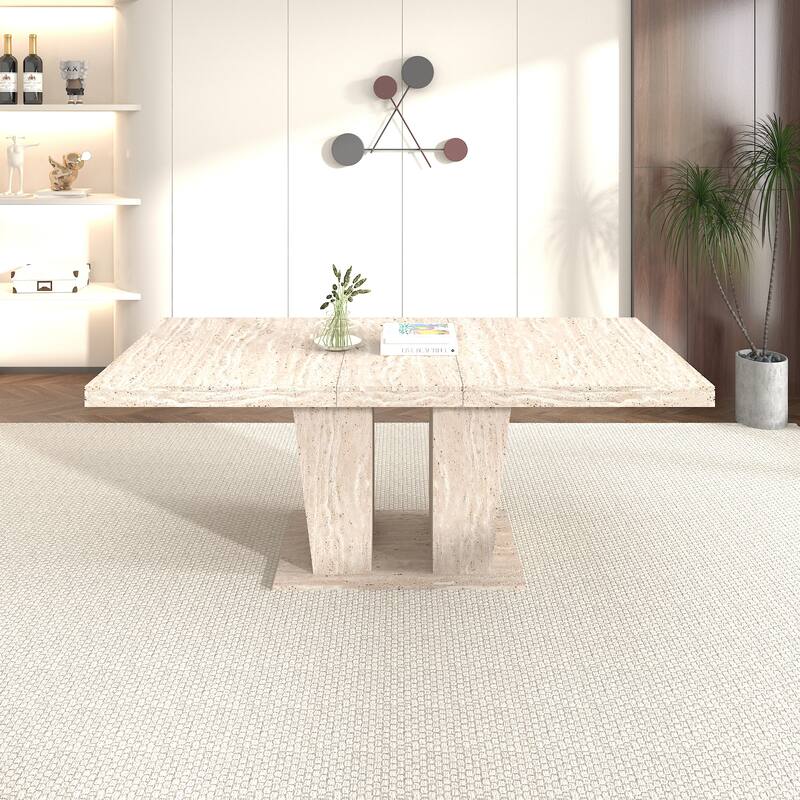 Rectangular Extendable Dining Table, Suitable for 6-10 People, with Veined Travertine Pattern, Dimensions 160-200 cm - Beige