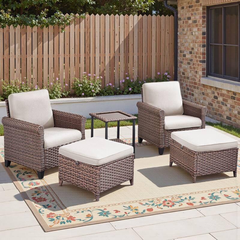 Pocassy Outdoor Sofa Swivel Chairs Patio Chair Funiture Set - 5PCS Patio Chair Ottoman w/ Table - Brown Wicker Blue Cushion