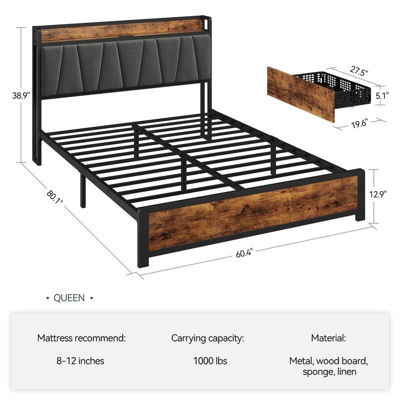 Bed Frame with Storage Linen Upholstered Headboard