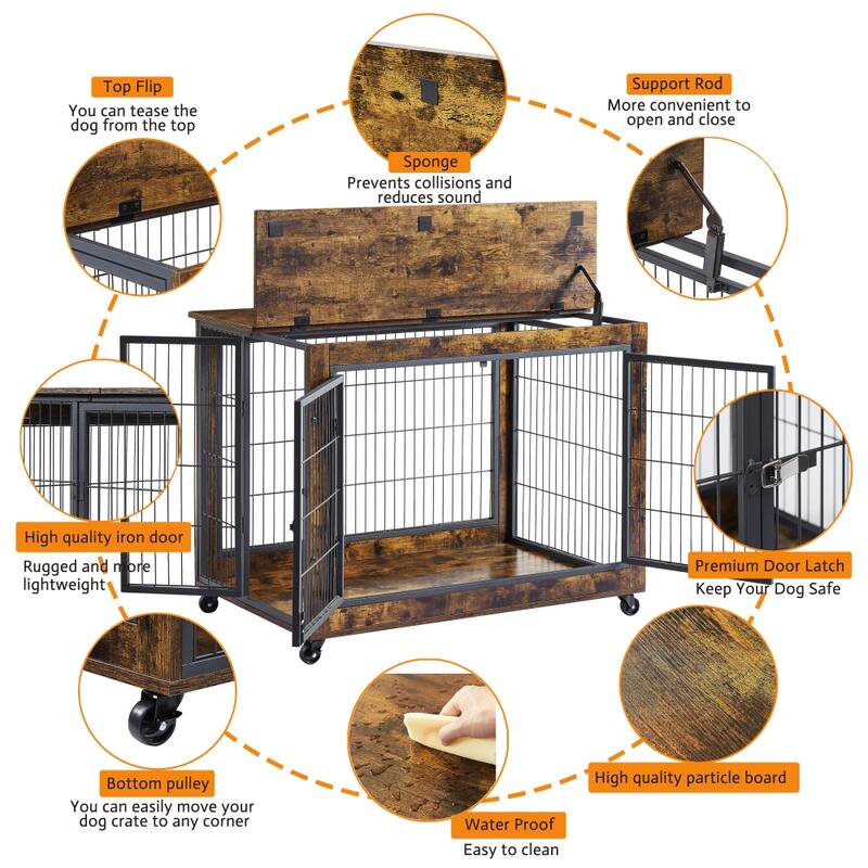 Wooden Dog Cage Crate Dog House with Double Doors on Casters