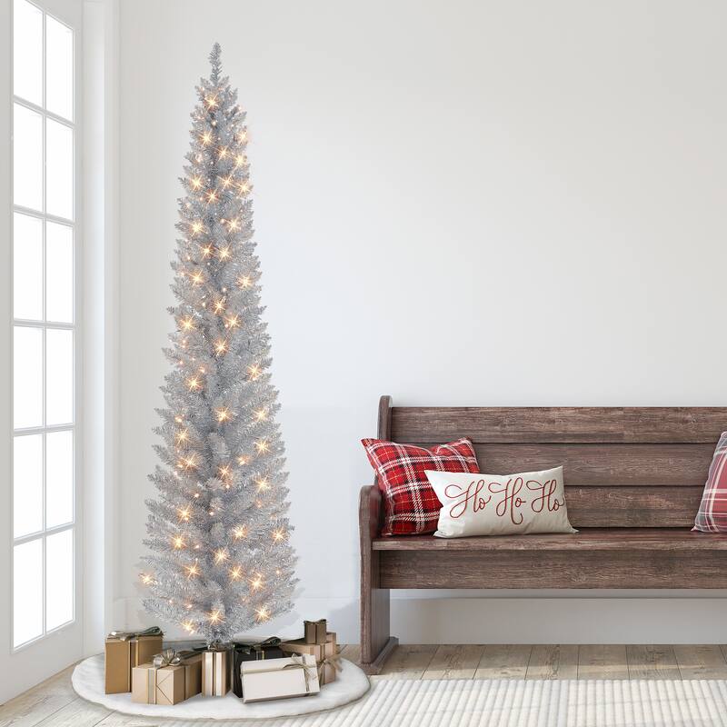 Puleo International 7 ft. Pre-Lit Silver Tinsel Artificial Tree