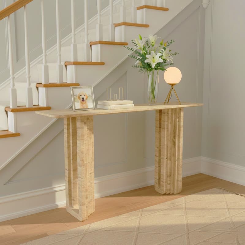 Travertine Console Table Rectangular Shape Narrow Entryway - 32" White - 54.0" - Marble - 54.0" - White