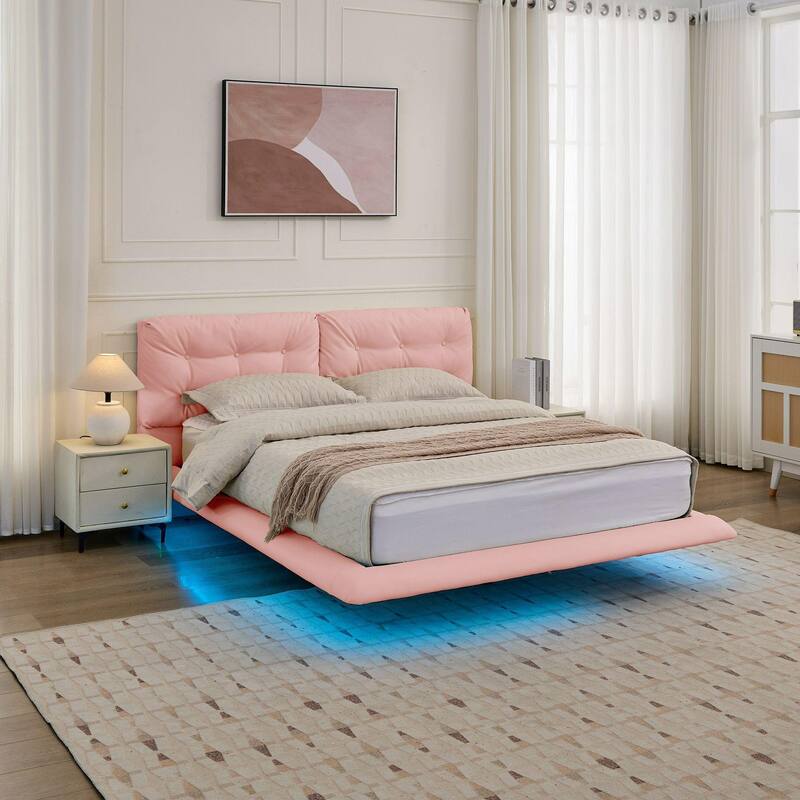 Christopher Knight Home- Lorcan PU Leather Floating Bed Frame with LED Lights and Button-Tufted Headboard