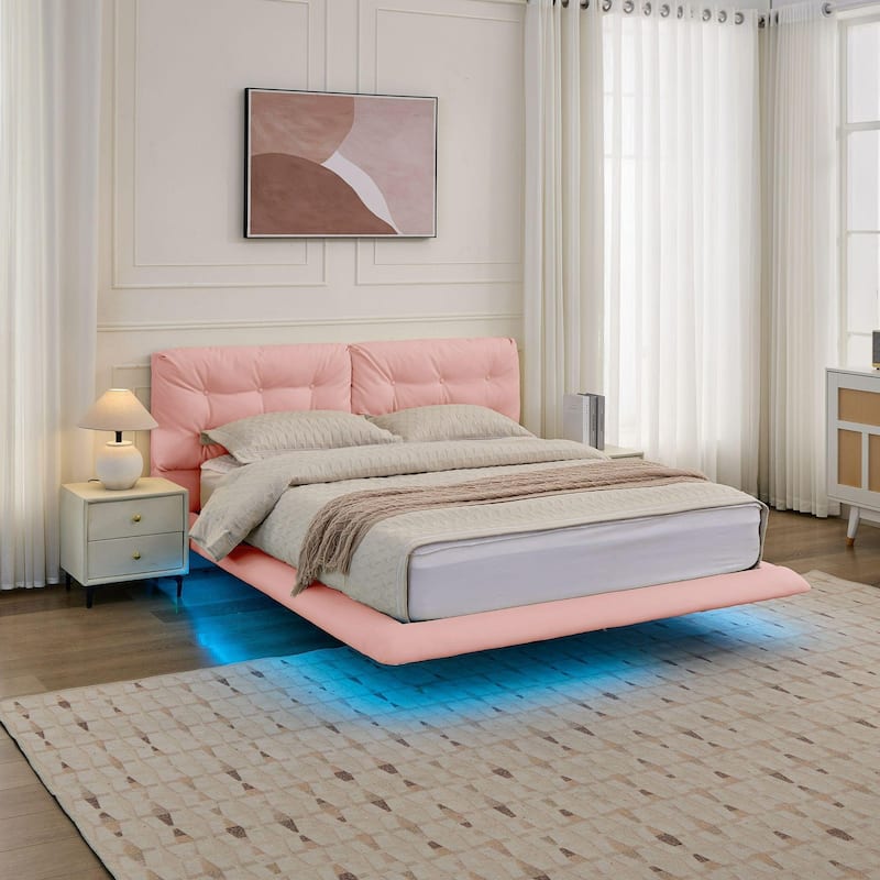 Queen Size Upholstered Floating Bed Frame with LED Lights, PU Leather Platform Bed with Button-tufted Headboard
