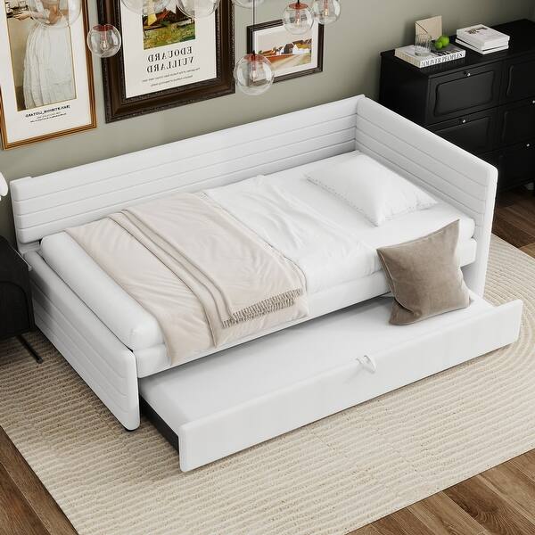 slide 2 of 26, Twin Size Daybed Upholstered Platform Bed L-shaped Daybed with Horizontal Stripe Backrest and Trundle, Box Spring Not Required White - Twin