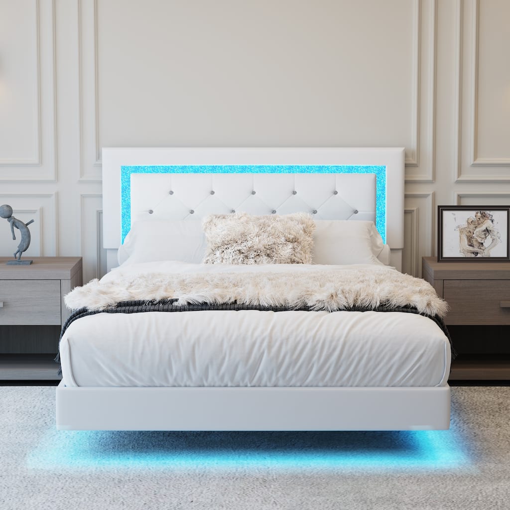 Full Size Bed Frame with Headboard, Floating Bed Frame with LED Lights, Upholstered Platform Bed with Diamond Tufted Headboard