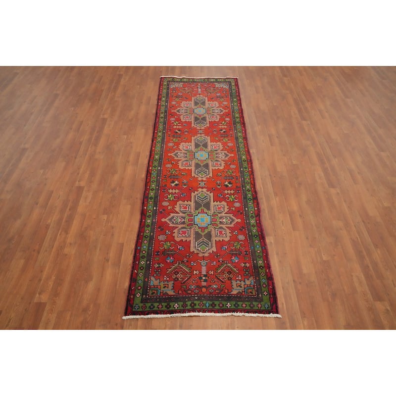 Hand Knotted Oriental 100% Wool Carpet Traditional Geometric Oranges & Rust Heriz Runner Rug - 9' 8'' X 3' 2''