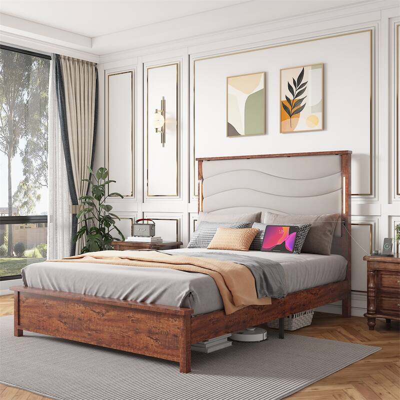 King Size LED Platform Bed w/ Upholstered Headboard, Charging Station