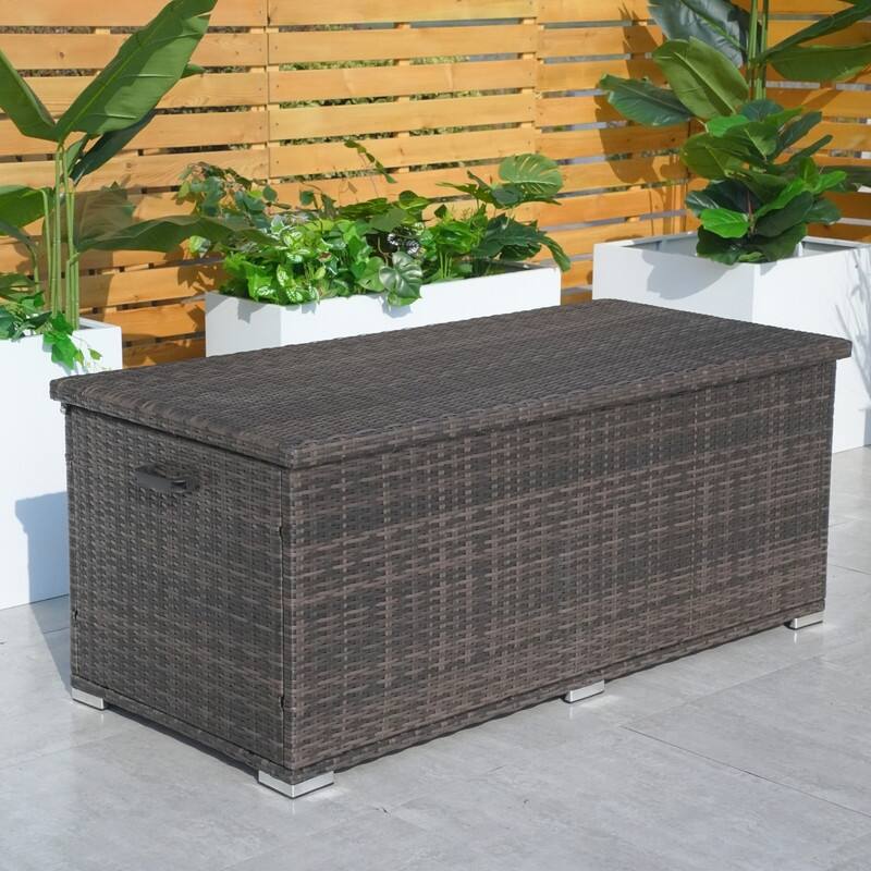 Outdoor Patio Wicker Cushion Storage Box - Aluminum - Brown