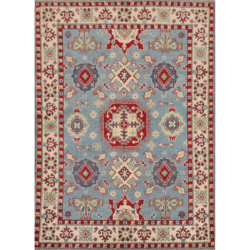 Light Blue Traditional Kazak Oriental Rug Hand-Knotted Wool Carpet - 4'9" x 6'10"