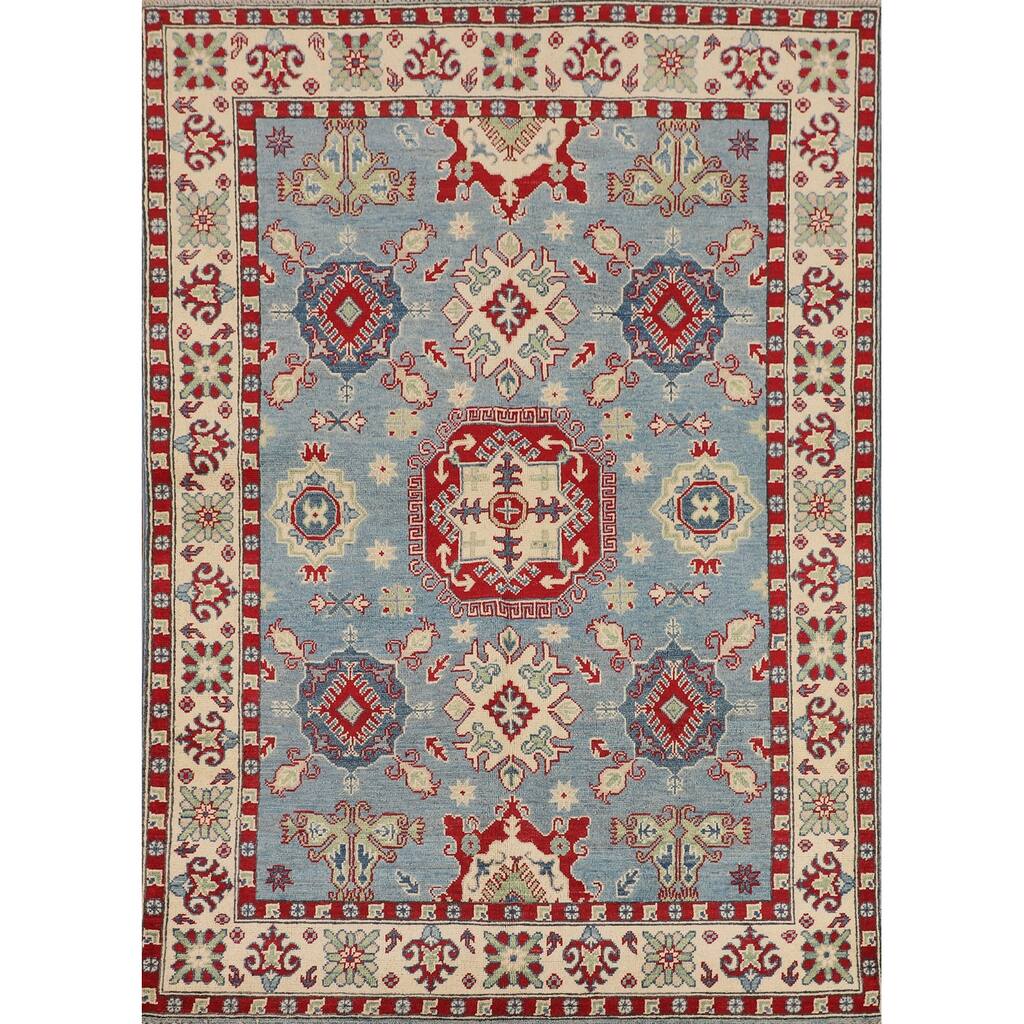 Light Blue Traditional Kazak Oriental Rug Hand-Knotted Wool Carpet - 4'9" x 6'10"