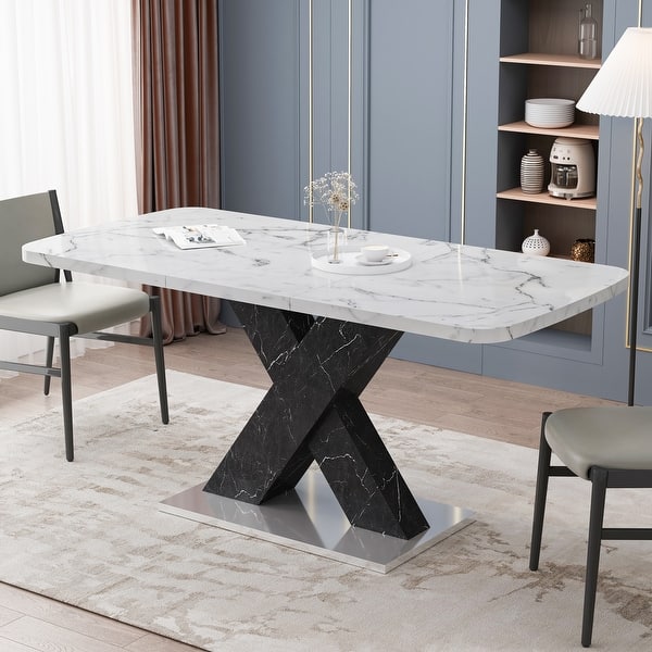 Modern Square Dining Table, Stretchable, White Marble Table Top+MDF ...