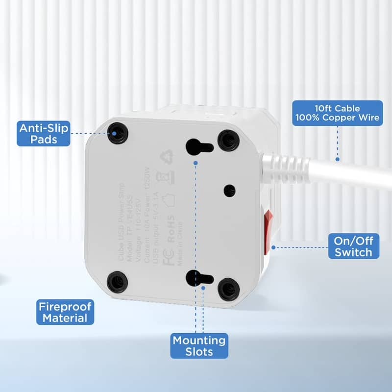 Cube surge protector power strip with usb ports 10ft extension cord