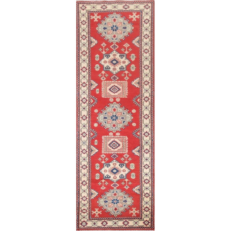 Hand Knotted Oriental 100% Wool Carpet Traditional Geometric Red Kazak Runner Rug - 9' 3'' X 2' 9''