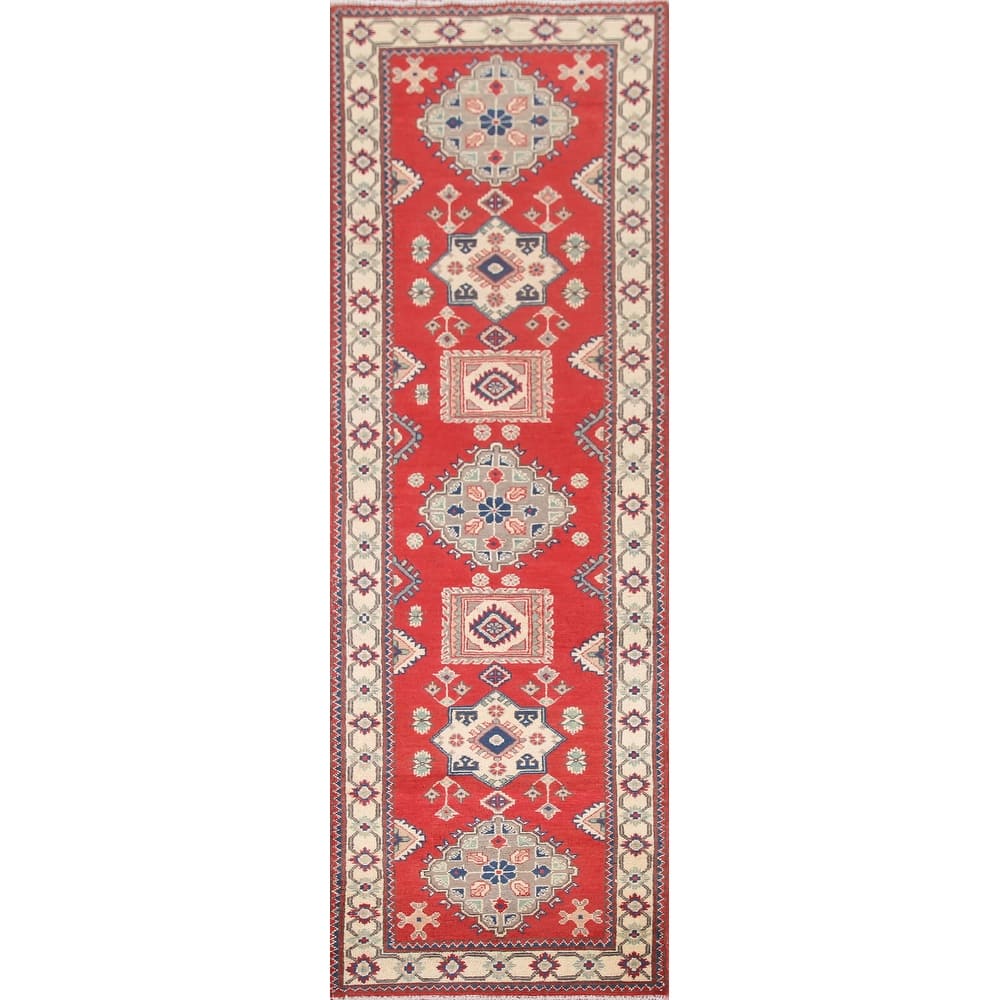 Hand Knotted Oriental 100% Wool Carpet Traditional Geometric Red Kazak Runner Rug - 9' 3'' X 2' 9''