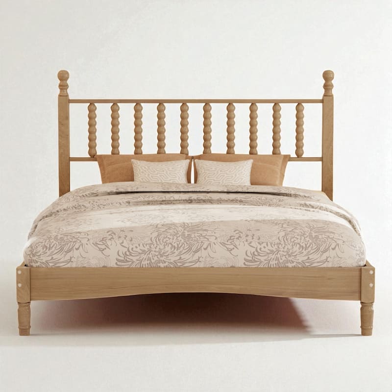 Queen Size Retro Wood Platform Bed with Gourd Shaped Headboard and Wooden Slats
