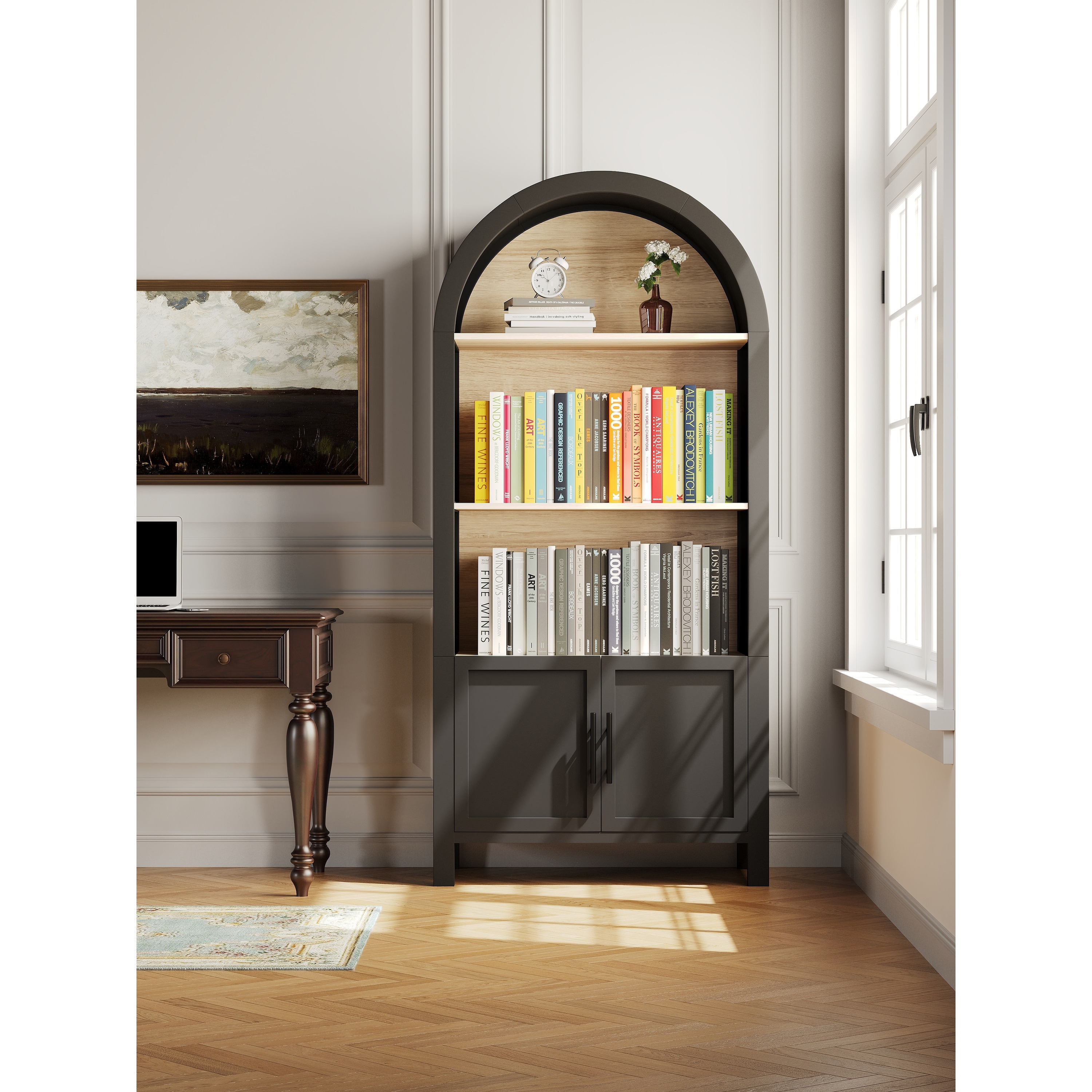 Mid-Century Modern Wooden Arched Bookcase Cabinet with 3-Tier Open Shelves and Door Storage, Black by GDFStudio