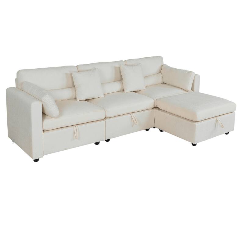 Chenille Modular Sectional Sofa with Right-Arm Chaise & Middle Seat - Beige
