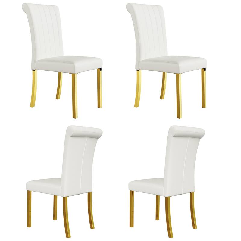 Luxury PU Leather Parsons Dining Chairs Side Chairs with Rolled Back and Stainless Steel Legs - White and Gold - Set of 4