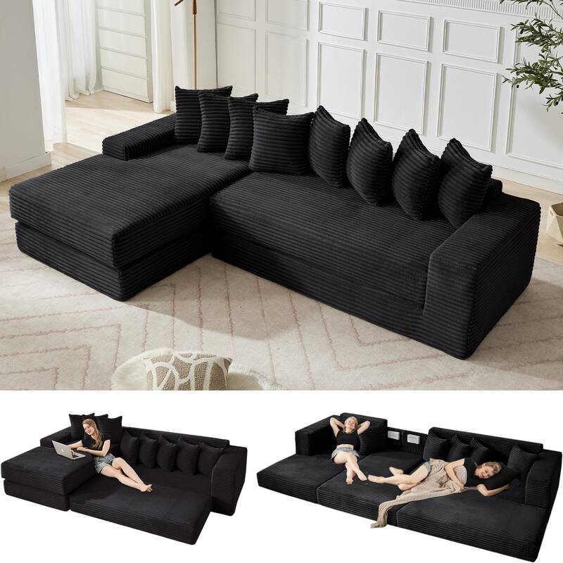 Floor Sleeper Sofa Bed Convertible L-shaped Modular Sectional Couch with Chaise, Corduroy Compression Sofa with Side Pockets