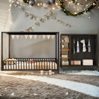 Versatile Full Size Floor Bed Metal Frame with Wardrobe