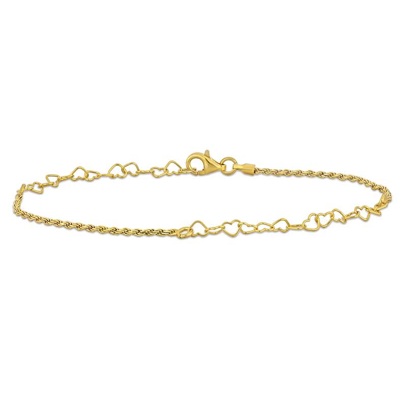 Miadora 3.3mm Heart Link and Rope Chain Bracelet in Yellow Plated Sterling Silver-7.5 in+1 ext