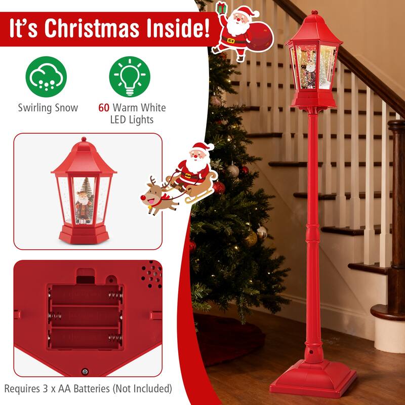 Red Musical Christmas Street Lamp with LED Lights and Snow Globe Scene for Santa or Snowman Decor - 12.5" x 12.5" x 64"
