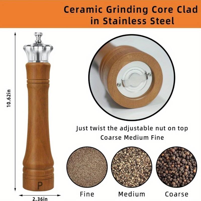10-Inch Solid Rubber Wood Salt and Pepper Shakers with Crown-Shaped Lid Natural Oak Wooden Grinders - 2.36" x 10.62"