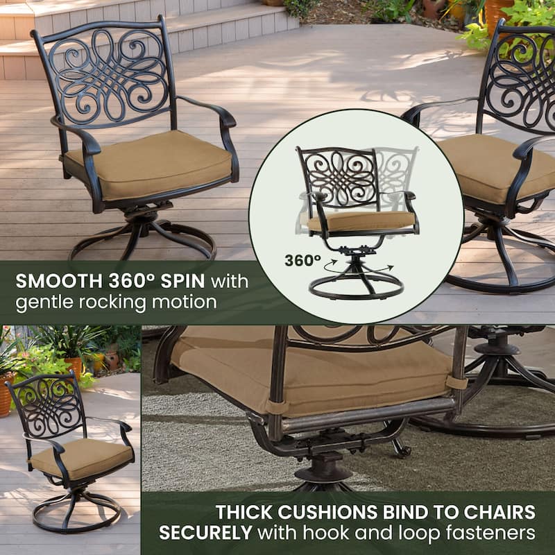 Hanover Traditions 7-Piece Dining Set in Tan with a 60 In. Round Cast-top Table and Six Swivel Rockers