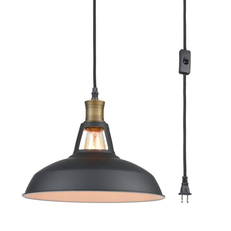 Houat Industrial Plug-In Pendant Light Barn Shape with On/Off Switch - Matte Black
