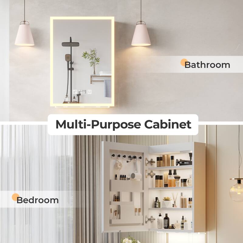 White MDF LED Bathroom Wall Cabinet with Mirror, Shelves and USB Ports - 19.7” x 6.3” x 27.6”