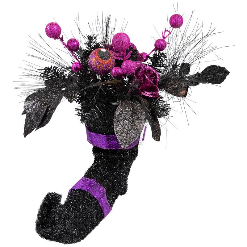 12" Black Witch's Boot Purple Glittered Roses Halloween Decoration