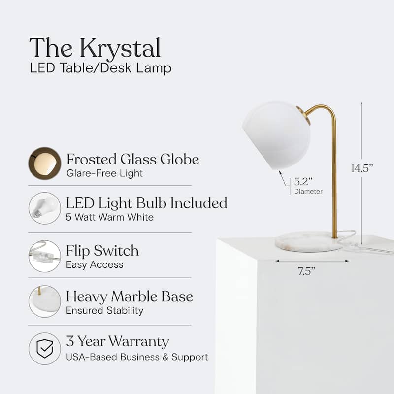 Brightech Krystal 14.5 in. Antique Brass Modern LED Arc Desk Lamp with White Glass Globe Shade