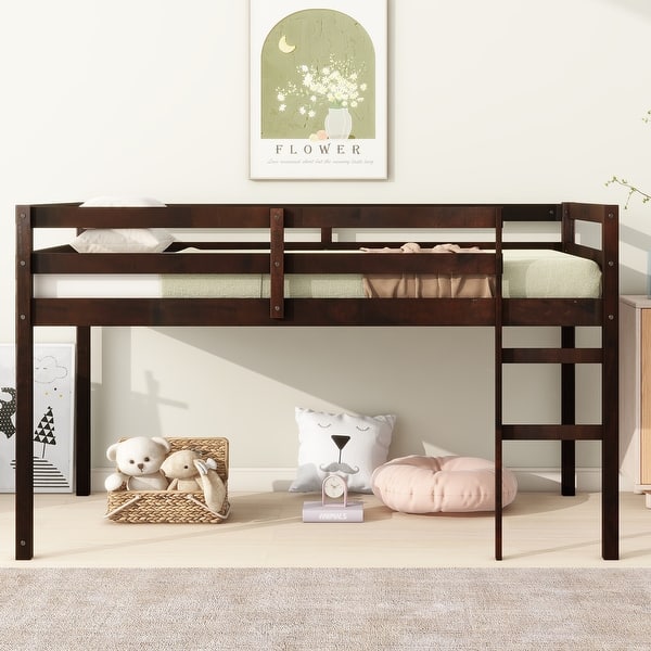 slide 2 of 21, Simple Design Rubber Wooden Loft Bed with Ladder, Bed Platform of Strengthened Slats, Twin Espresso