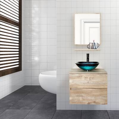 eclife 24" Wall Mounted Bathroom Vanity Ceramic Tempered Glass Sink Combo Natural 2 Drawers Cabinet Vanity Set